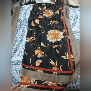 Floral Black & Gold Women's Dress with Brown Blanket Wrap Scarf Shawl